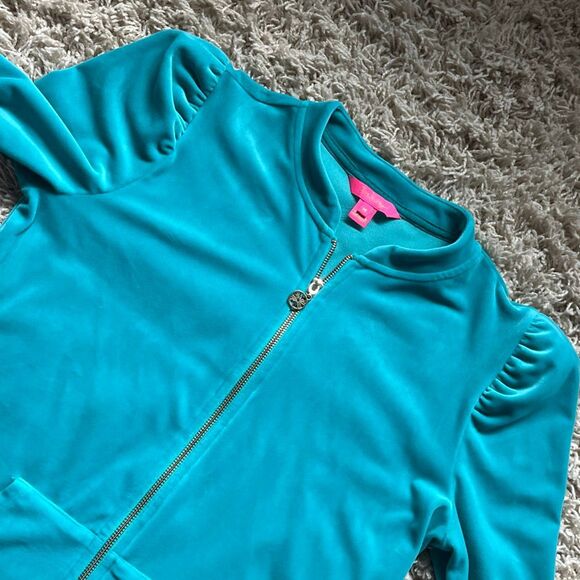 Lilly Pulitzer Jacket Women M Teal Velour Full Zip Puff Sleeve W Pockets - Picture 6 of 12